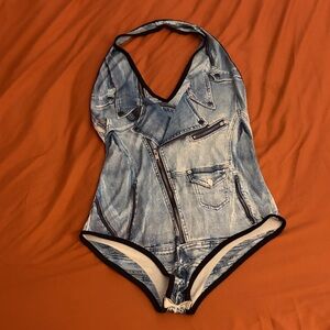 cleo Blue Denim-Print Halter One-Piece Bodysuit